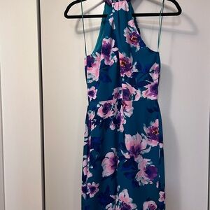 Blue and Pink Midi Sundress with Halter Neckline for Wedding Guest
